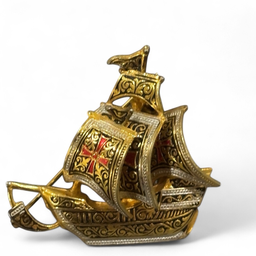 Vintage Damascene Galleon Ship Brooch